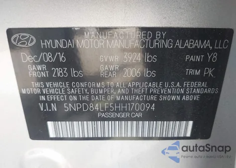 2017 Hyundai Elantra Se z USA, uszkodzony, nr VIN 5NPD84LF5HH170094